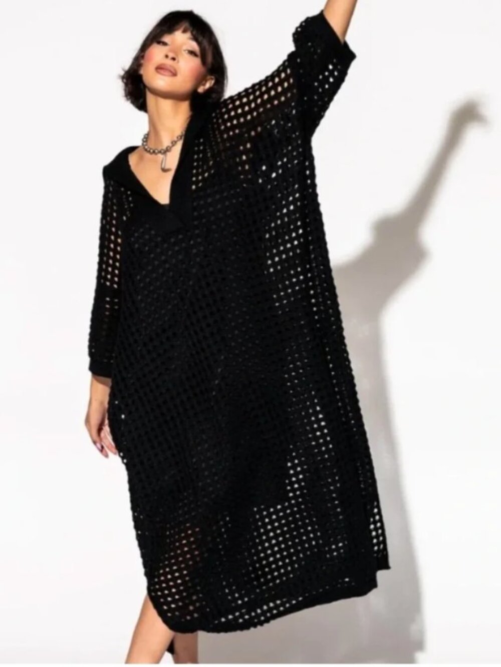 NWT Dressed in LALA Be Bold Oversized Crochet Maxi Dress Kaftan L/XL